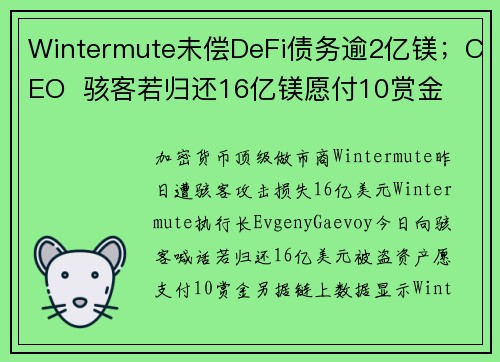 Wintermute未偿DeFi债务逾2亿镁；CEO  骇客若归还16亿镁愿付10赏金